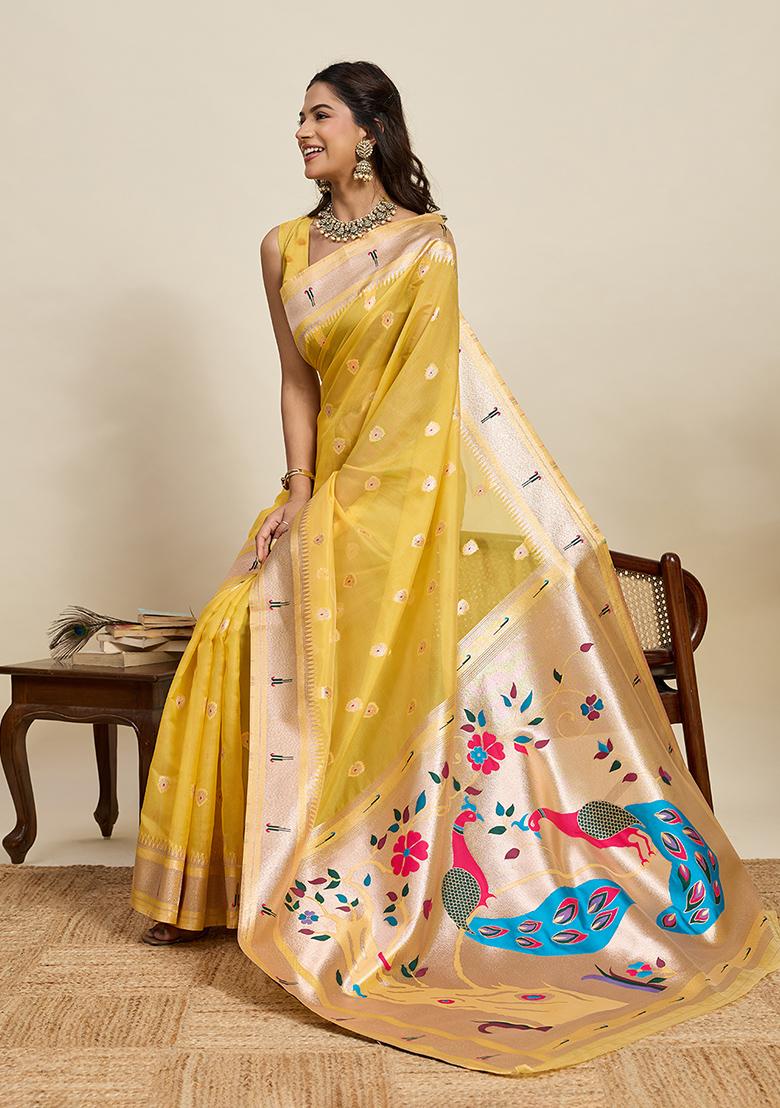 Mustard Woven Blended Cotton Saree Set - Indya