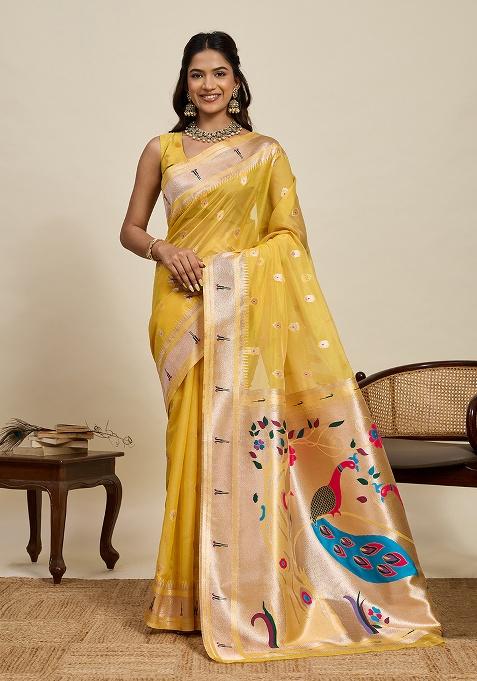 Mustard Woven Blended Cotton Saree Set