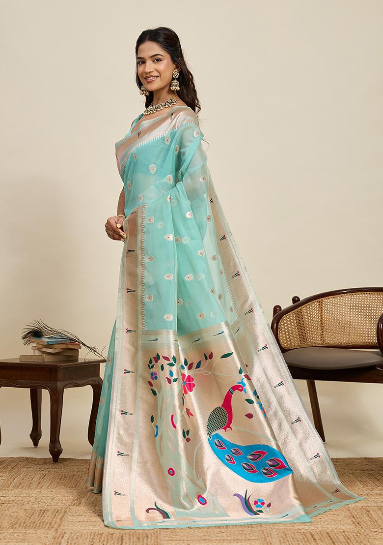 Sea Green Woven Blended Cotton Saree Set - Indya