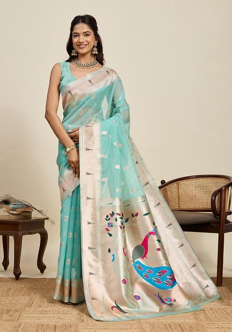 Sea Green Woven Blended Cotton Saree Set