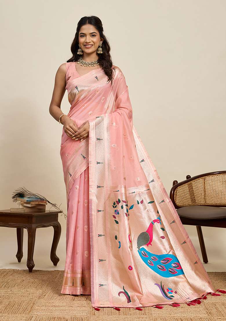 Pink Woven Blended Cotton Saree Set - Indya