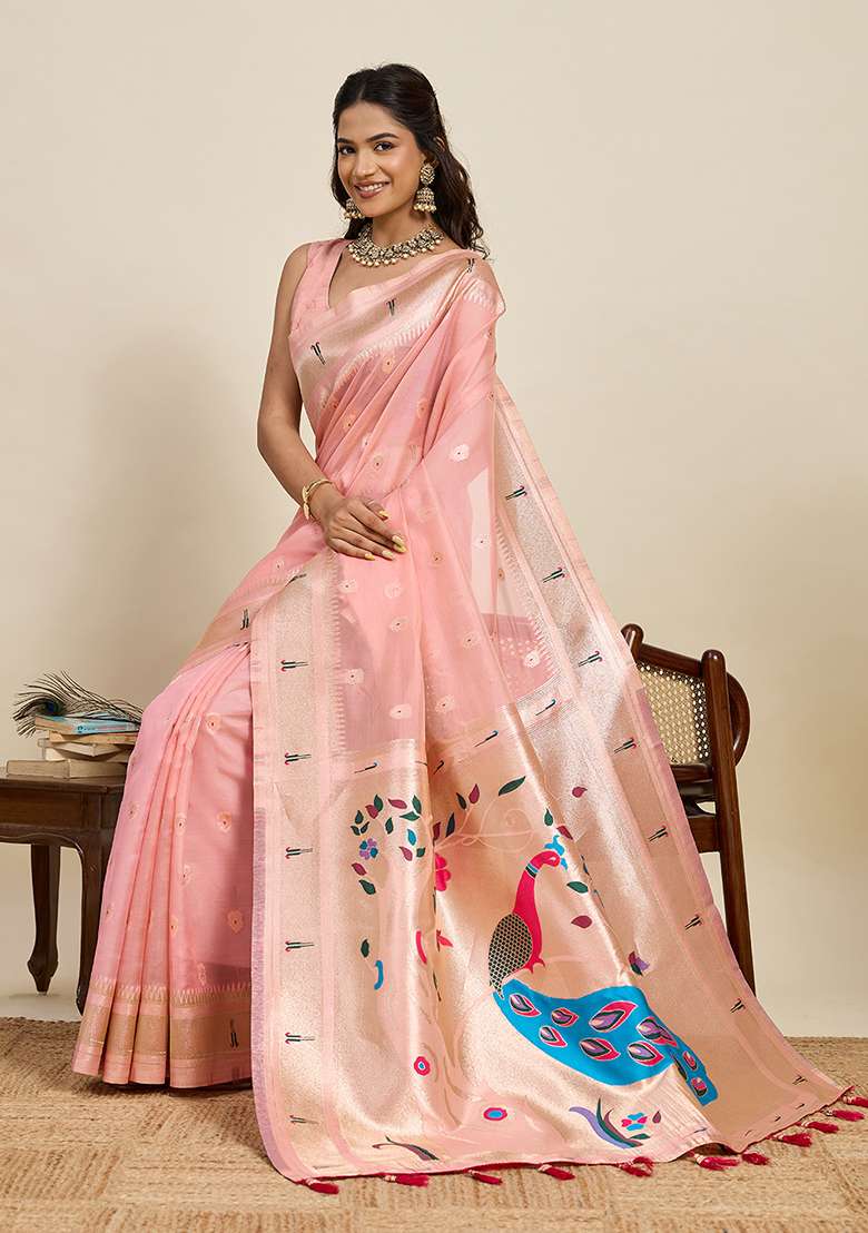 Pink Woven Blended Cotton Saree Set - Indya