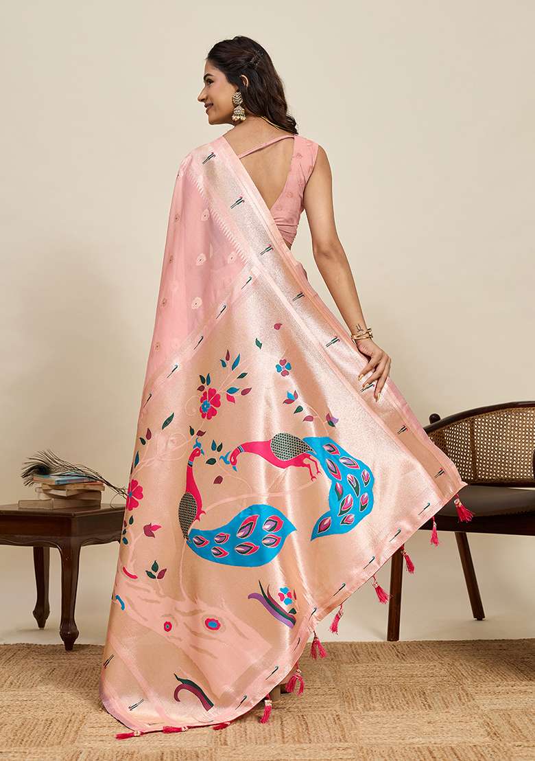 Pink Woven Blended Cotton Saree Set - Indya