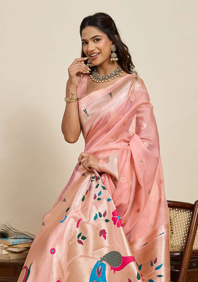 Pink Woven Blended Cotton Saree Set - Indya