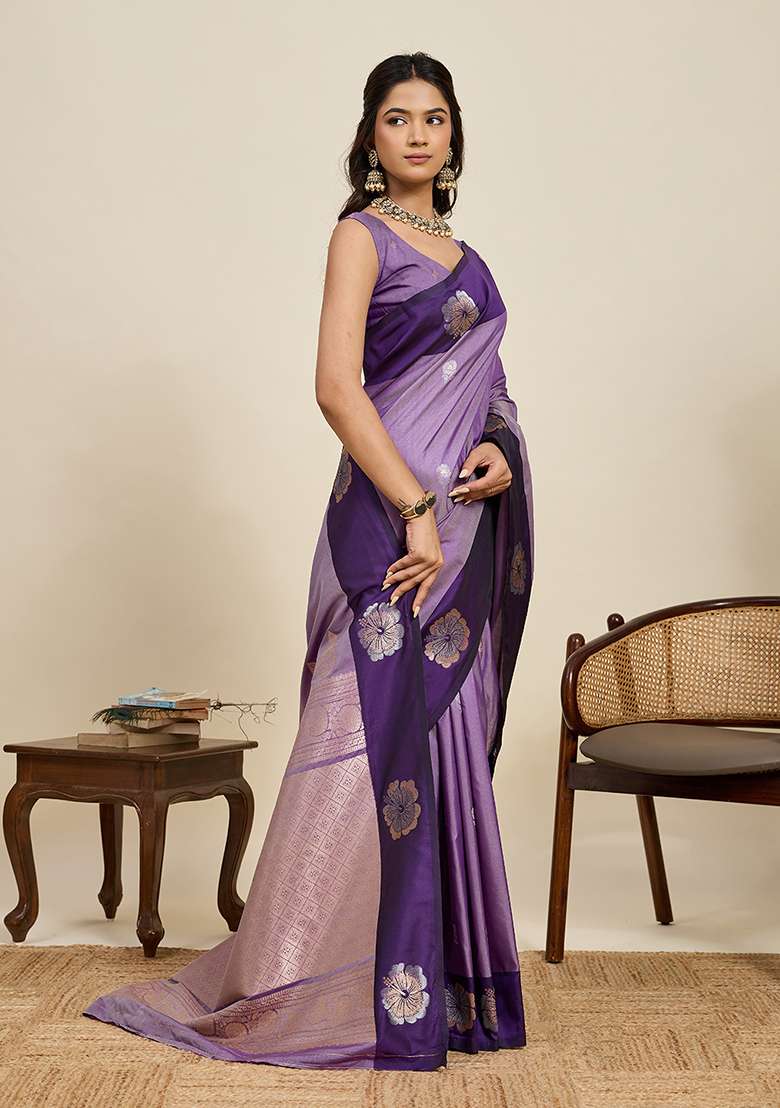 Lavender Woven Silk Blend Saree Set for Diwali and Festive Wear - Indya