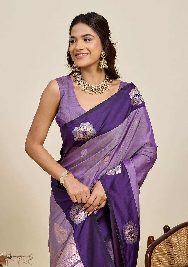 Lavender Woven Silk Blend Saree Set for Diwali and Festive Wear - Indya