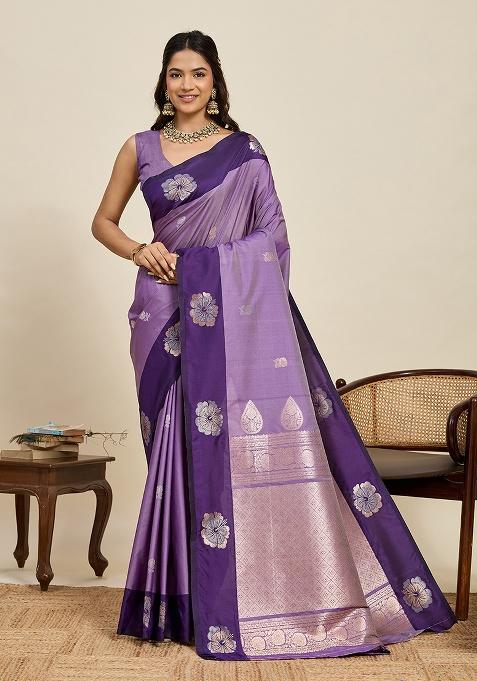 Lavender Woven Silk Blend Saree Set