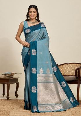 Blue Woven Silk Blend Saree Set