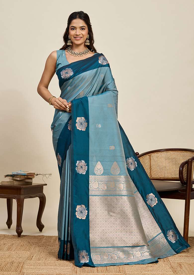 Blue Woven Silk Blend Saree Set for Diwali | Wedding & Festive Wear - Indya