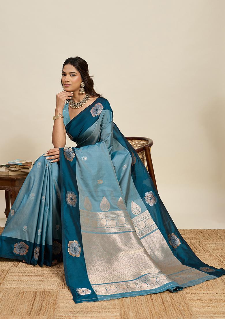 Blue Woven Silk Blend Saree Set - Indya
