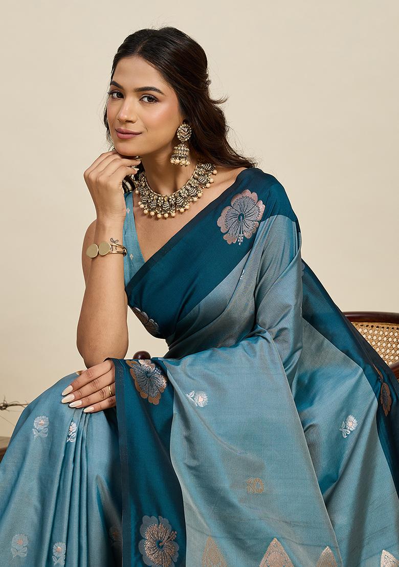 Blue Woven Silk Blend Saree Set - Indya