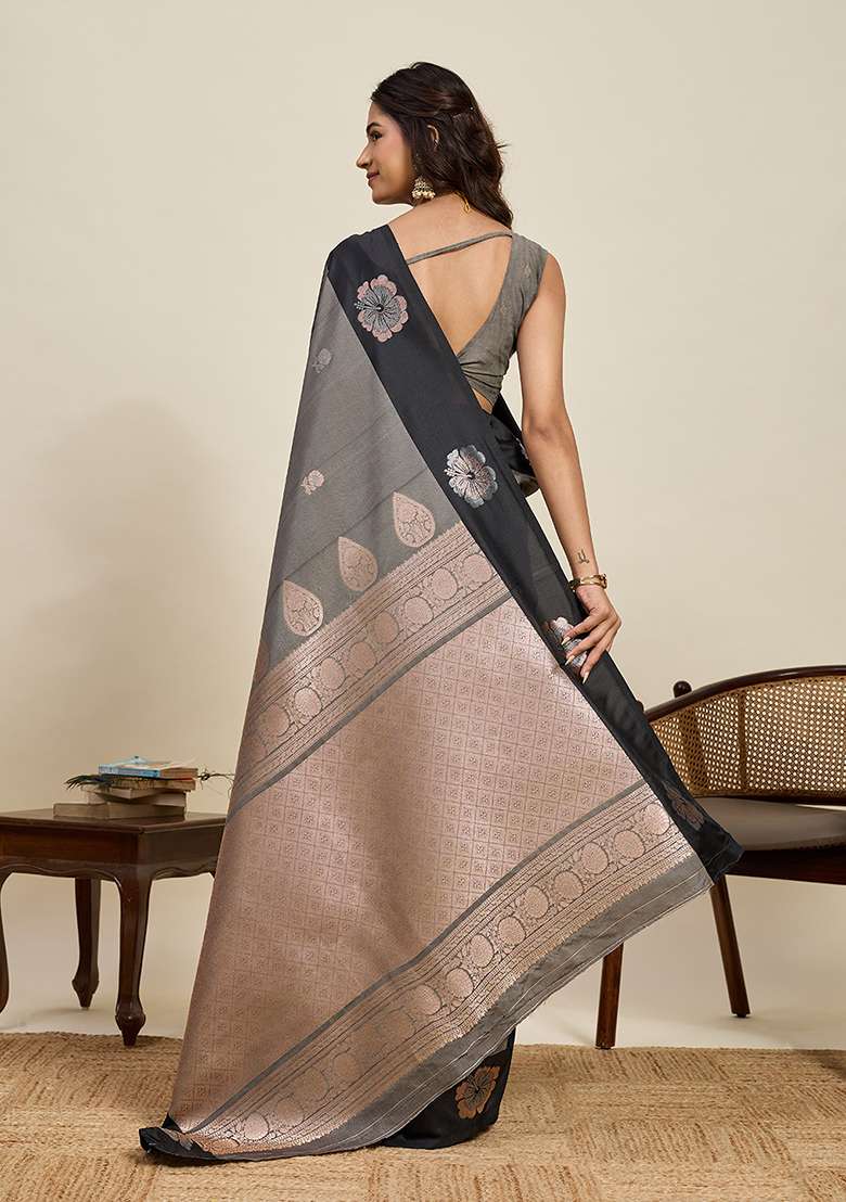Grey Woven Silk Blend Saree Set for Diwali | Wedding & Festive Wear - Indya