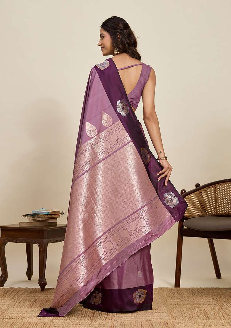 Purple Woven Silk Blend Saree Set for Diwali | Wedding & Festive Wear - Indya