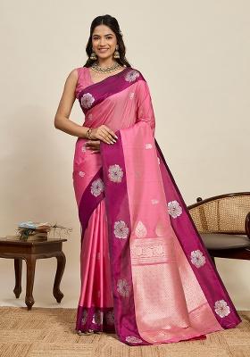 Pink Woven Silk Blend Saree Set