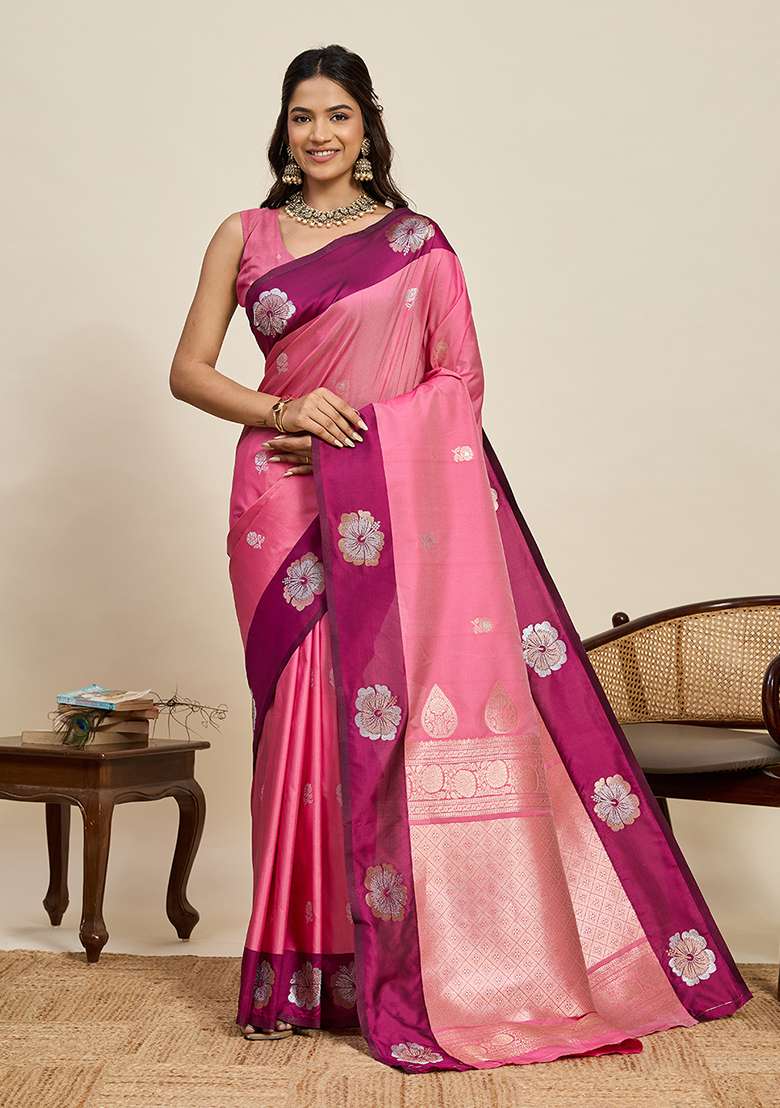 Pink Woven Silk Blend Saree Set for Diwali | Wedding & Festive Wear - Indya