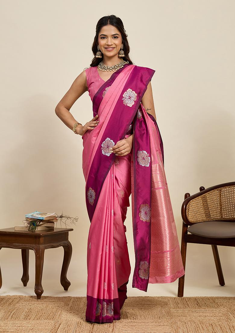 Pink Woven Silk Blend Saree Set - Indya