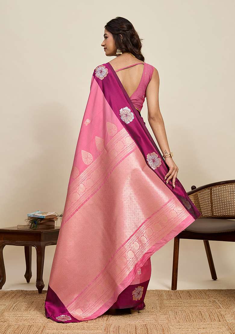 Pink Woven Silk Blend Saree Set for Diwali | Wedding & Festive Wear - Indya