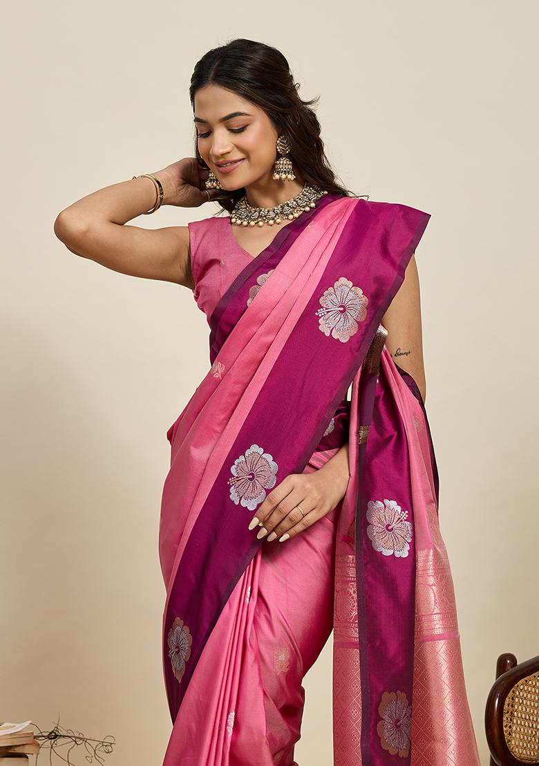 Pink Woven Silk Blend Saree Set - Indya