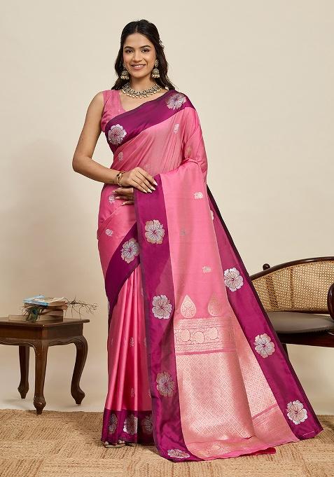 Pink Woven Silk Blend Saree Set