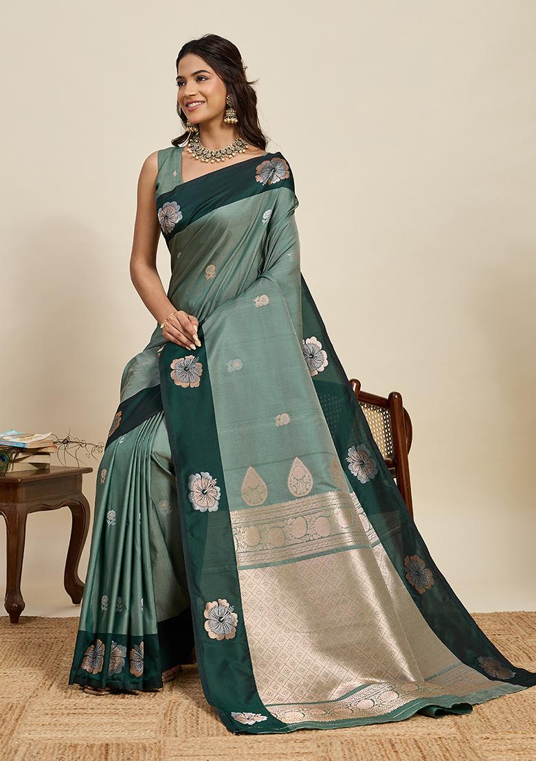 Green Woven Silk Blend Saree Set - Indya