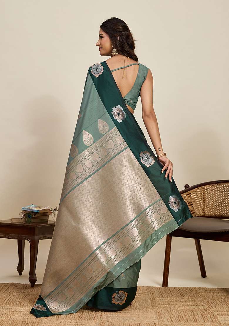 Green Woven Silk Blend Saree Set for Diwali | Wedding & Festive Wear - Indya