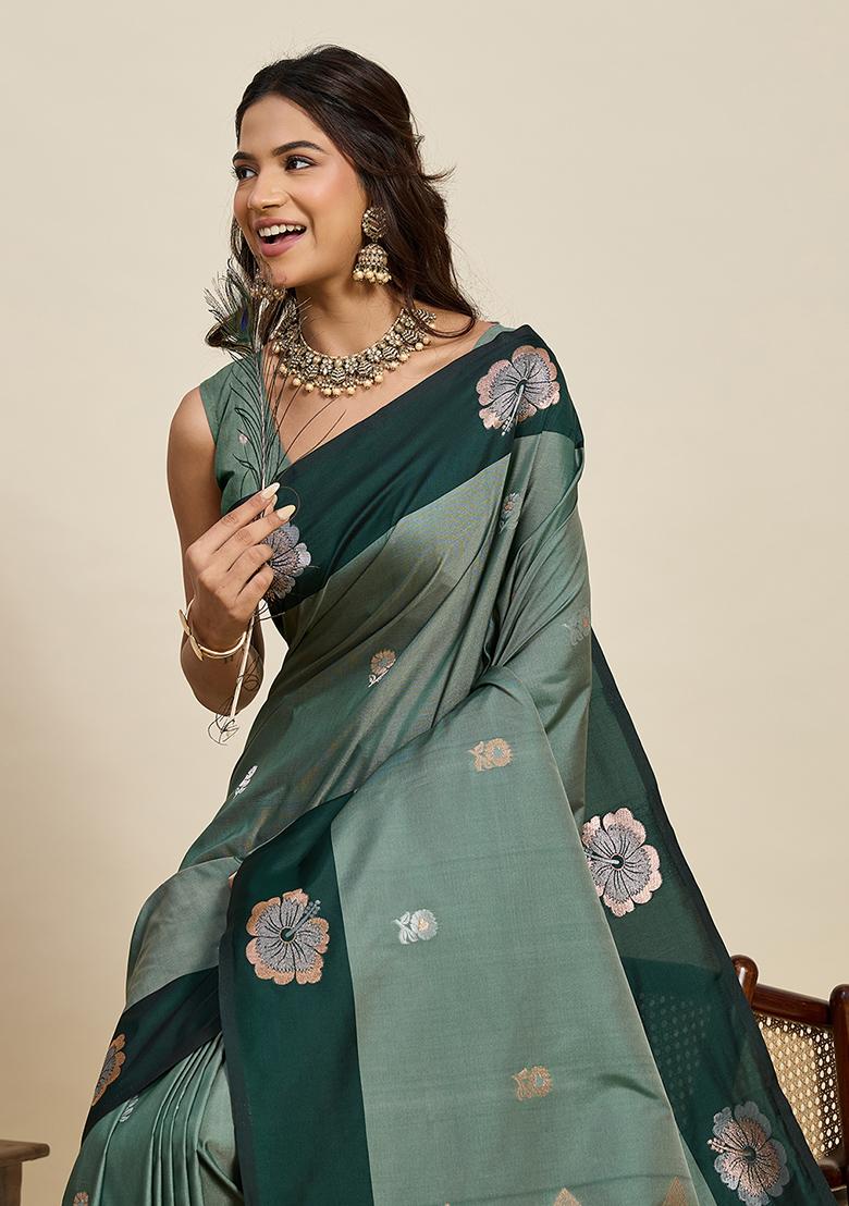 Green Woven Silk Blend Saree Set - Indya