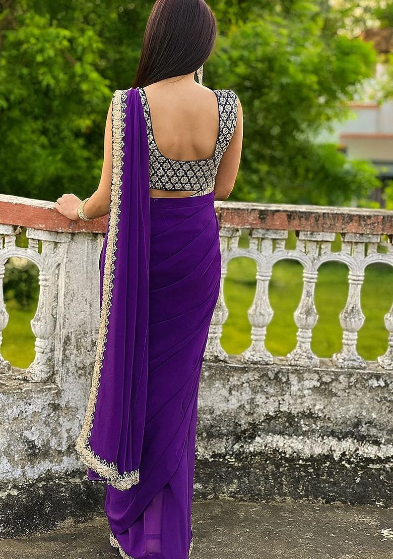 Lavender Embroidered Faux Georgette Saree Set - Indya
