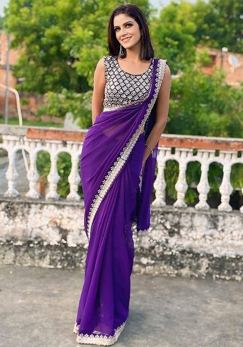 Lavender Embroidered Faux Georgette Saree Set
