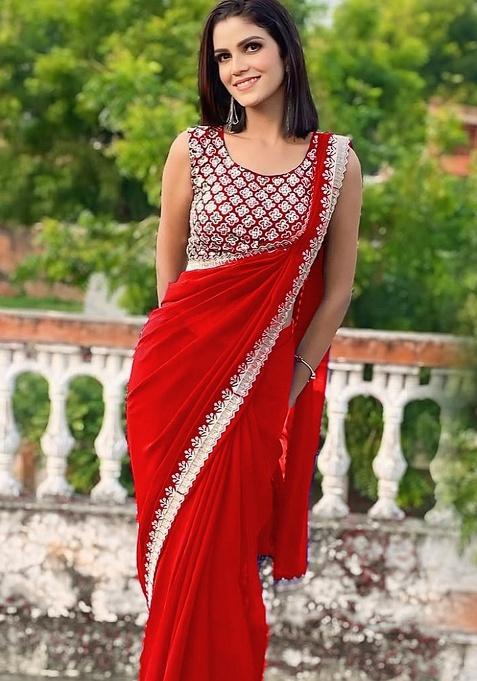 Red Embroidered Faux Georgette Saree Set