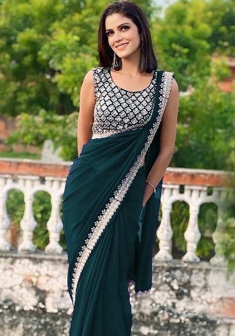 Green Embroidered Faux Georgette Saree Set