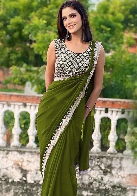 Green Embroidered Faux Georgette Saree Set