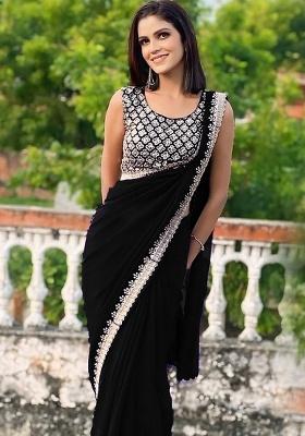 Black Embroidered Faux Georgette Saree Set