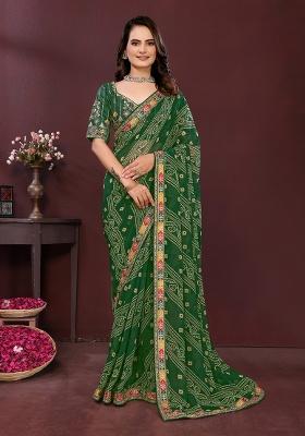 Green Embroidered Faux Georgette Saree Set