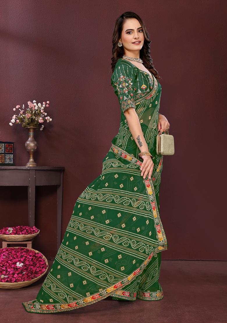 Green Embroidered Faux Georgette Saree Set - Indya
