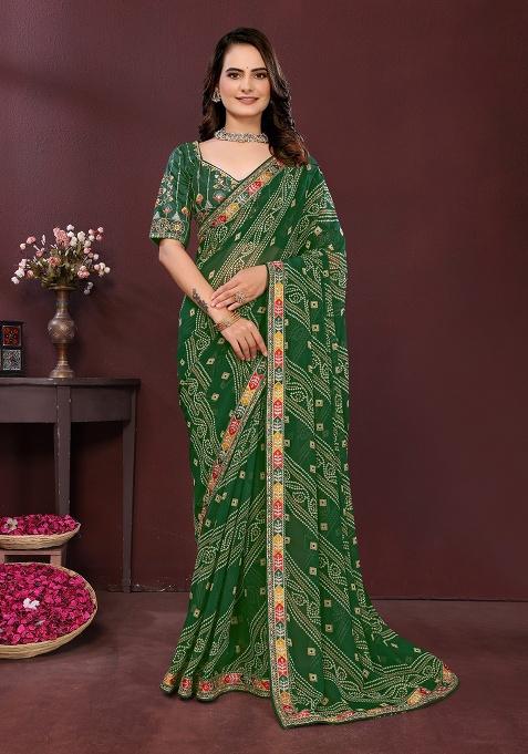 Green Embroidered Faux Georgette Saree Set