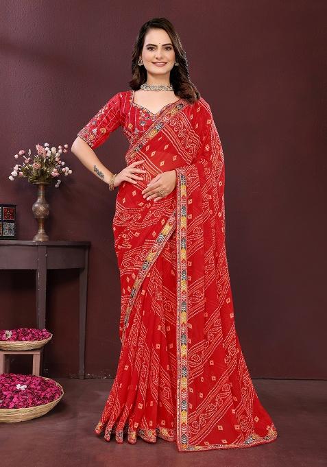 Red Embroidered Faux Georgette Saree Set
