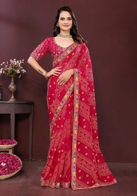 Pink Embroidered Faux Georgette Saree Set