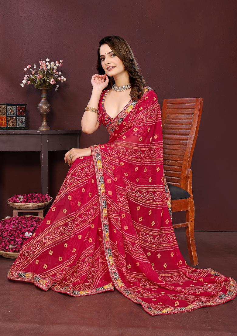 Pink Embroidered Faux Georgette Saree Set - Indya