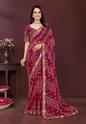 Wine Embroidered Faux Georgette Saree Set