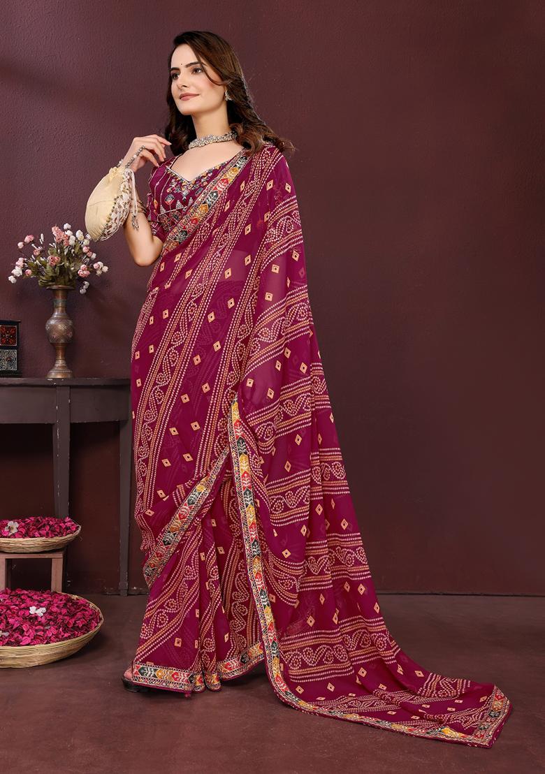 Wine Embroidered Faux Georgette Saree Set - Indya