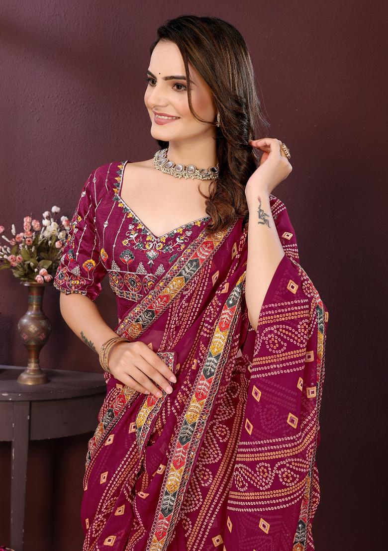 Wine Embroidered Faux Georgette Saree Set - Indya