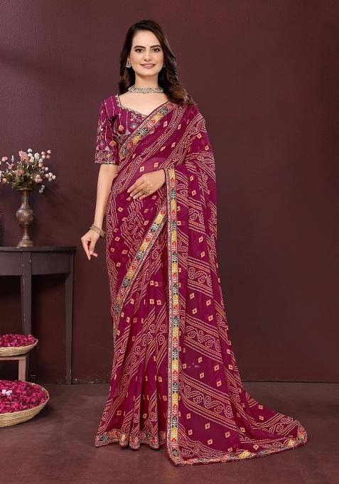 Wine Embroidered Faux Georgette Saree Set