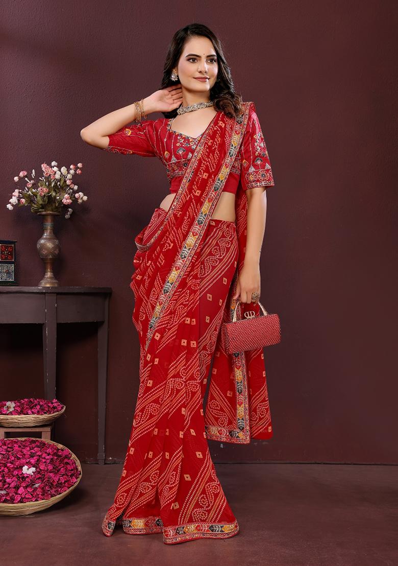 Maroon Embroidered Faux Georgette Saree Set - Indya