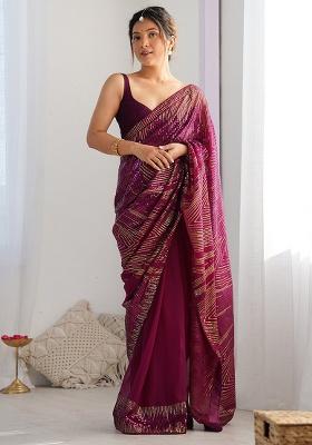 Wine Embroidered Faux Georgette Saree Set