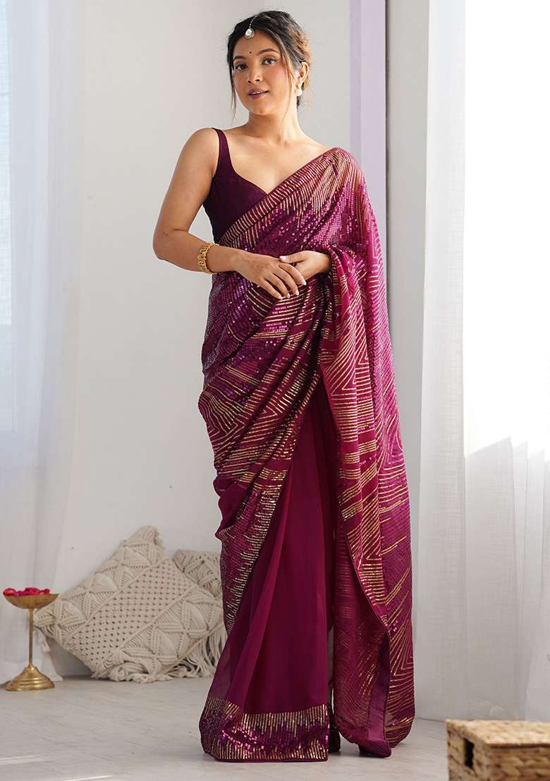 Wine Embroidered Faux Georgette Saree Set for Diwali and Festive Wear - Indya