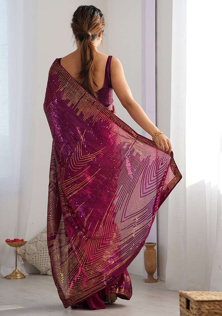 Wine Embroidered Faux Georgette Saree Set for Diwali and Festive Wear - Indya