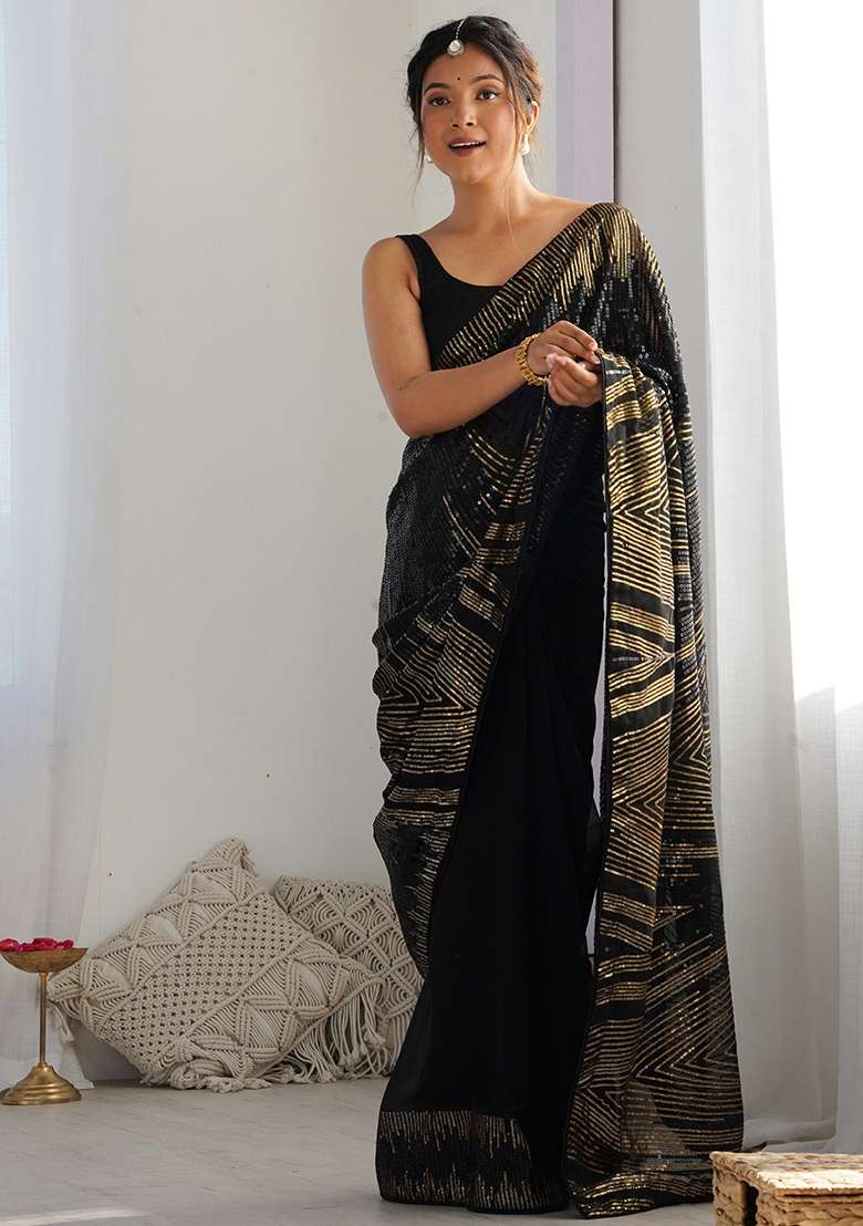 Black Faux Georgette Saree Set with Embroidered for Diwali | Wedding & Festive Wear - Indya