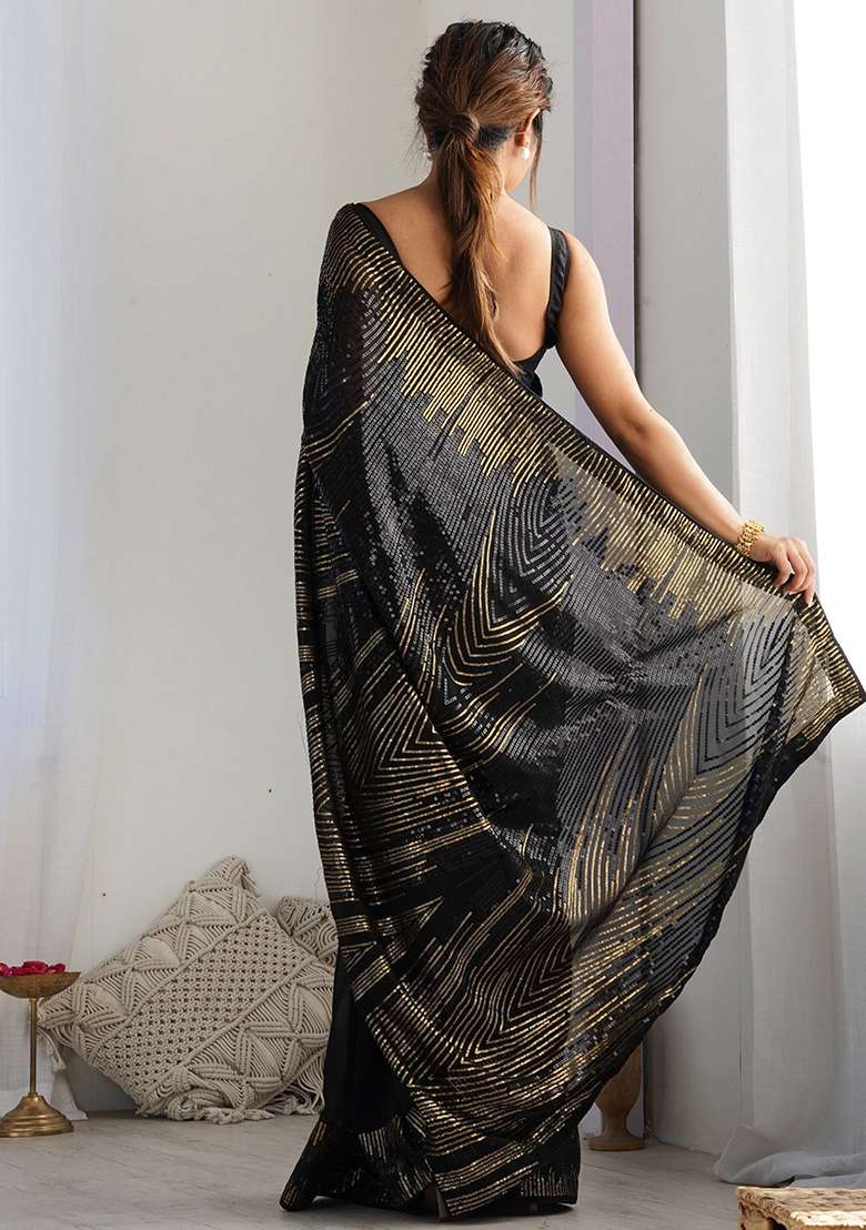 Black Faux Georgette Saree Set with Embroidered for Diwali | Wedding & Festive Wear - Indya