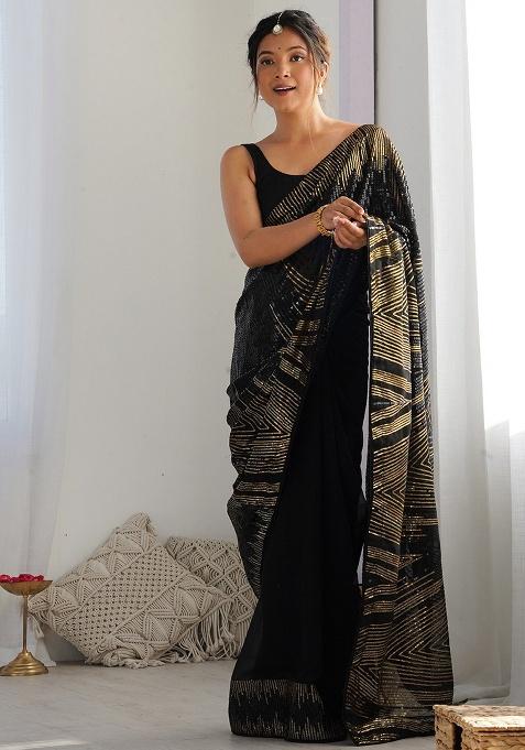 Black Embroidered Faux Georgette Saree Set