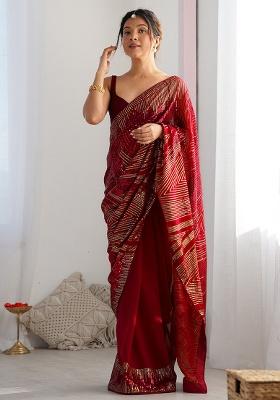 Red Embroidered Faux Georgette Saree Set